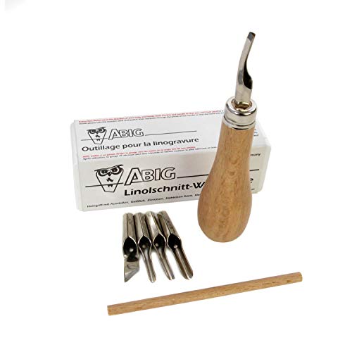 ABIG Lino Cutting Tools – Ideal for Relief Printmaking – 5 Assorted Cutting Nibs and Ergonomic Wooden Handle in Plastic Storage Box