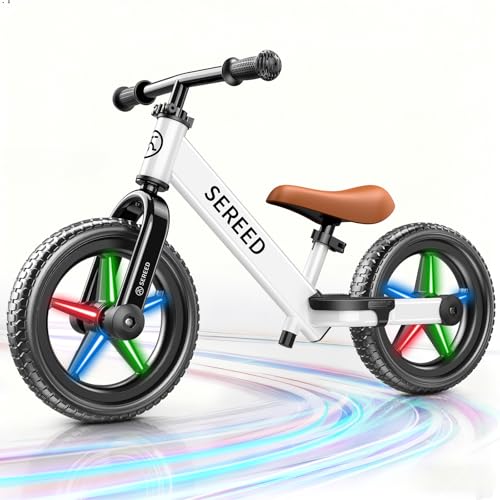 Image of SEREED Toddler Balance Bike 2 Year Old, No Pedal Kids Bicycle Toys for 2-5 Years Old, Tool-Free Adjustment, Customize Plate with Stickers, Gift for 2-3 Boys Girls (White Lighting)