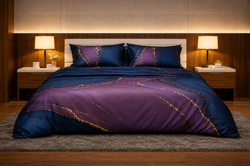 Image of Print Story Heavy Glace Cotton Double Size Flat Bedsheet - Navy Blue Marble Dream | Marble Design Cotton Bedsheet for Double Bed with Pillow Covers