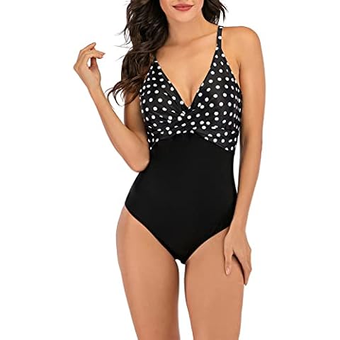 Adigaber Women's One Piece Swimsuit Deep V-Neck Criss Cross Top Swimwear Patterned Backless Bathing Suit,Wave Point+Black,L Cover