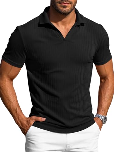 Runcati Polo de manga corta para hombre, cuello en V, camiseta de punto Slim Fit, polo de verano, monocolor, camiseta de golf, para tiempo libre, elástico, parte superior, Negro , L