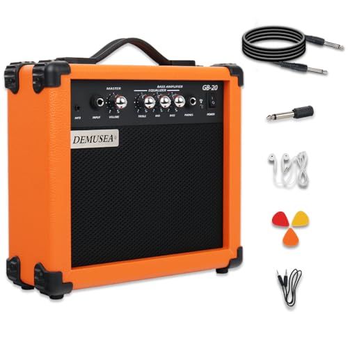 Demusea 20W Electric Bass Guitar Amplifier Orange Bass Amp Portable Travel Mini Practice Amp Headphone Jack Aux Treble Middle Bass MP3 with 3m Noiseless Cable Adapter Picks Earphone Aux Cable in