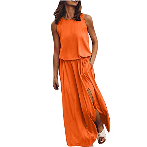 Vestidos de brunch laranja queimado para jovens outono inverno sem mangas gola redonda elastano sexy