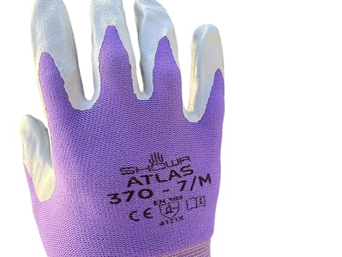 Nitrile Gloves for Women - Showa Atlas NT370 (4 Pack) - Golden Stag Garden Guantes for Women Casual Work Gloves for Ladies, Mechanics, Pink, Purple, Green Nitrile with Thin Nylon Shell NT370L