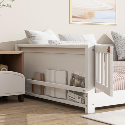 Image of Bellemave Twin Size Kids Montessori Floor Bed with Door,Twin Floor Bed Frame with Slats and Bookcase,Solid Wood Montessori Bed for Girls Boys,White