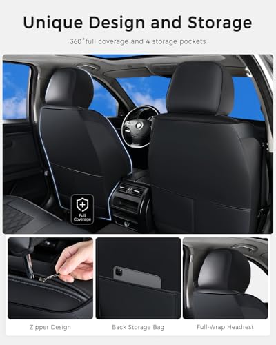 Image of Huidasource Car Seat Covers Full Set, Seat Covers Nappa Leather Universal Fit for Most Cars, Vans, Trucks, SUVs, Compatible with Airbags, Child Seat, Car Seat Cover Velcro Adjustable (Full Set /Black)