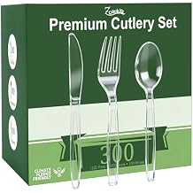 Zcaukya 300 Count Clear Plastic Silverware Set, 100 Forks, 100 Spoons, 100 Knives, Heavy Duty Disposable Cutlery Set Utensils Bulk for Parties, Events, Catering, Everyday Use