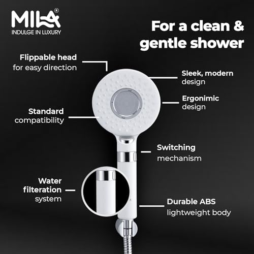 Image of Mila Blanc 3-Function Hand Shower with Filter | Rain, Massage & Mist Spray Modes | Matt White Finish | ModernDesign | Includes Hose (1.5m), Bracket & Installation Kit (120 * 260mm)