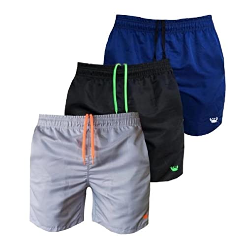 Kit 3 Shorts Moda Praia Lisos Tactel Masculinos Cordão Neon Relaxado (G, Preto-Verde, Cinza-Laranja