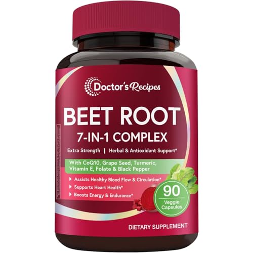 Doctors Recipes Beet Root Capsules Beet Root Extract with Grape Seed CoQ10 Turmeric Black Pepper for Enhanced Absorption Supports Heart Circulation Energy & Nitric Oxide Non-GMO 90 Veg Caps