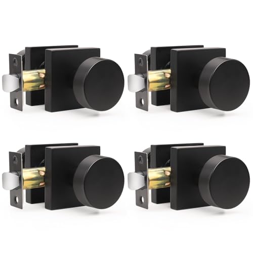 Gobrico Matte Black Passage Door Knobs with Square Rosette(4 Pack), Heavy Duty Closet Door Handles Without Lock, Door Knob Sets for Hallways