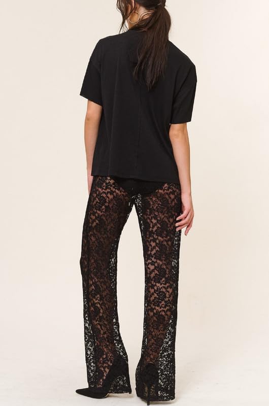 Women Lace Tiered Frill Trousers Mesh See Through Ruffle Layered Pants Low Waist Jacquard Lace Wide Leg Trousers4