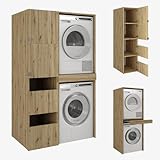 PLATAN ROOM Armoire haute pour machine à laver et sèche linge   187 x 65 x 45/66 cm   Étagère de salle de bain (chêne Artisan, 111 cm (45+66))