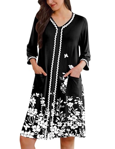 Image of Ekouaer Zipper Robes for Women 3 /4 Sleeves Lightweight House Coat Zip Up Bathrobe Soft Nightgown with Pockets S-3XL