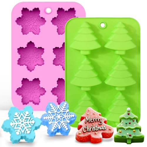 BUSOHA Christmas Silicone Soap Molds - 2PCS Xmas Soap Candle Mold Set 3D Tree Snowflake Molds for DIY Craft Home Gifts for Soap Candles Cake Biscuit Chocolate Ice Cube