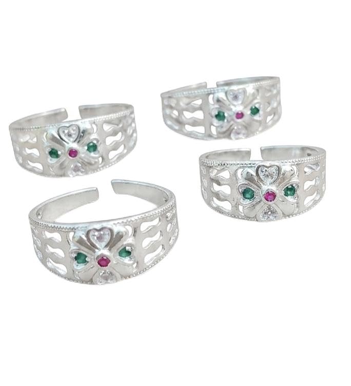 Silver Toe Rings with Floral Design and Coloured Stones, Set of 4-picture-53