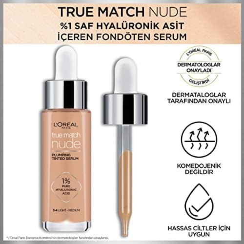 L'Oreal Paris True Match Nude Plumping Tinted Serum, 1% Hyaluronic Acid, Instantly Evens, Brightens, and Hydrates Skin, Shade 3-4, Light-Medium