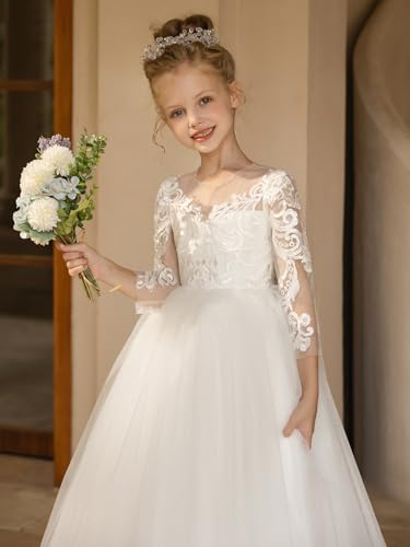 MCieloLuna Flower Girls Lace Tulle Dresses Toddler Kids Wedding Formal Bridesmaid Party First Communion Dress Bow-Knot Back Princess Ball Gowns Ivory 062