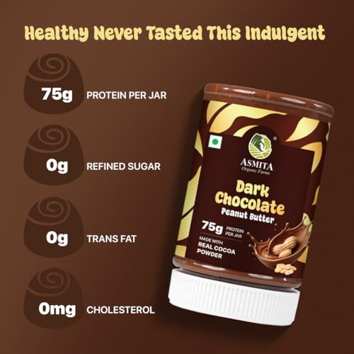 Image of Asmita Organic Farms Dark Chocolate Peanut Butter 325g | Smooth & Creamy Peanut Butter | High Protein Spread | No Refined Sugar | Cholesterol & Trans Fat Free | Healthy Spread for Breakfast & Snacks
