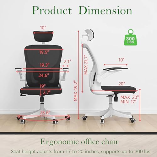 Image of Ergonomic Office Chair, High-Back Mesh Computer Desk Chair with Adjustable Height, Lumbar Support, Flip-Up Armrests,headrest，and Swivel Rolling Design for Home and Office Use