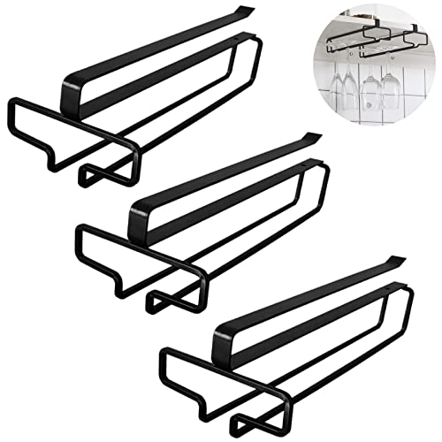 3 Pièces Porte Verre à Vin Suspendu, Support de Verre à Vin Sous Armoire, Porte-Verres à Pied Suspendu Sans Perçage, Métal Accroche-verres Pour étagère pour Cuisine Café Bar Restaurant (Noir)