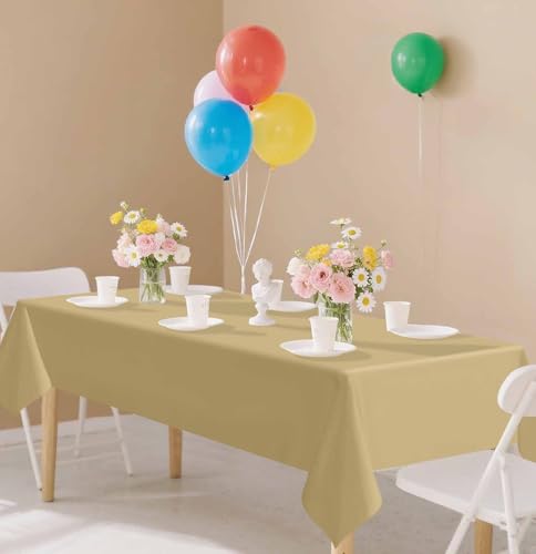 Image of SietDESEO 2 Pack Gold Plastic Tablecloth Rectangle 54 x 108 Premium Disposable Table Cloth Plastic Table Cover for Wedding Baby Shower Birthday Party Christmas Disposable Tablecloth