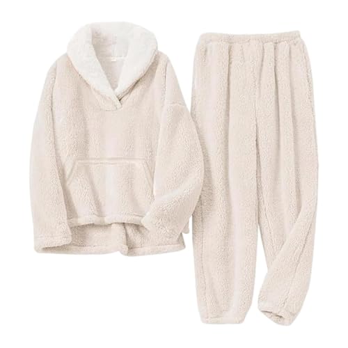 GOSEAGOTOFUN Pajama Set for Women Soft Fuzzy Pajamas Winter Fleece Warm 2 Piece Loungewear Cute Loose Fit Flannel Lounge Sets 01-Beige Small - image 3