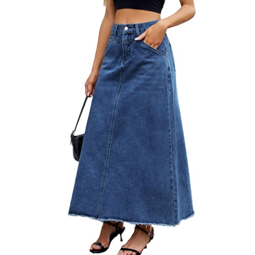 Long Denim Skirts for Women High Waist Frayed Hem Distressed Ankle Length A-Line Jean Skirts4
