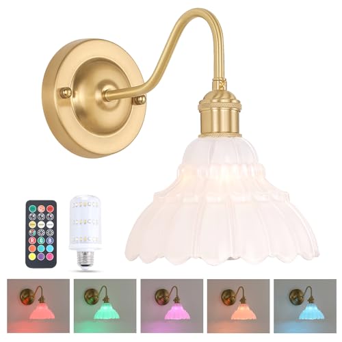 Image of Shenmoyl Battery Operated Wall Sconce, Vintage Rechargeable Wall Lights with White Lily Glass Shade, Wireless Indoor Wall Lamp for Bedroom Living Room Bathroom Hallway