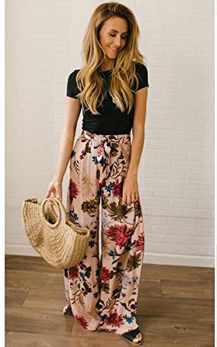 ECOWISH Wide Leg Pants for Women Summer 2025 Palazzo Tropical Floral Casual High Waist Flared Trousers with Pockets2