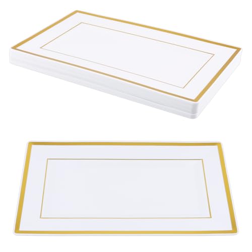 SINJEUN 15 PCS Plastic Serving Platter, 33 x 20 x 1.5cm White Gold Edge Square Dining Plates, Food Serving Trays for Weddings, Birthday Parties