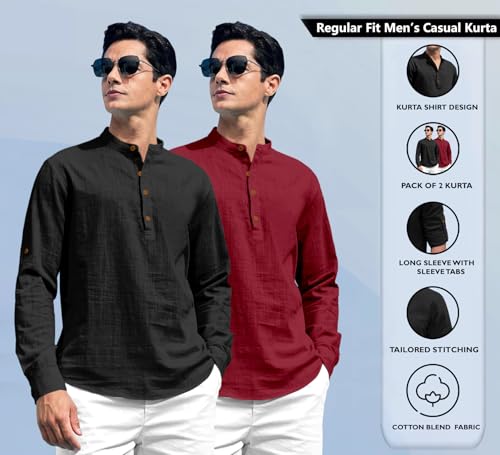 Image of Zombom Combo of Men's Solid Cotton Polyester Blend Full Sleeve Straight Kurta Shirt (Pack of 2)