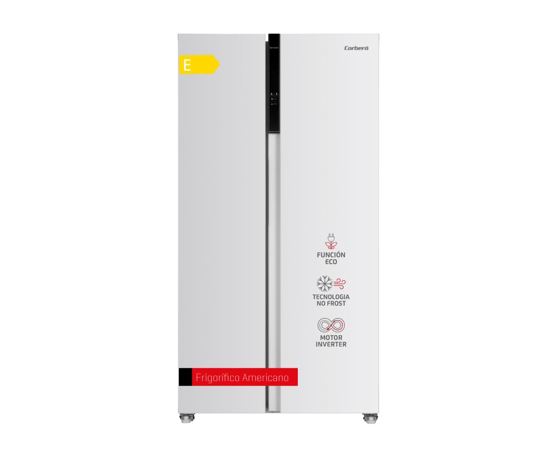 Corberó - Frigorífico Americano | CFSBSH634NFW | 442L| 186 cm| No Frost | Inverter | Display | Luz LED | 2 Cajones | Función ECO | Estantes de Cristal | Silver Trim | Blanco