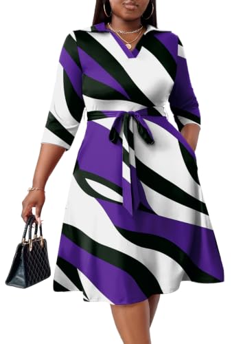 Image of FANDEE Plus Size Midi Dress for Women - Printing Summer Dresses for Wedding Guest Cocktail Party 3 /4 Sleeve V Neck(L-5XL)