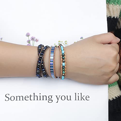Image of KELITCH Double Wrap Bracelet Women Hand-Braided Turquoise Beads Bracelets Boho Leather Bracelets Bangle