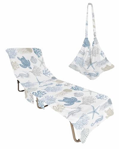 Coastal Ocean Blue Coral Beach Chair Cover with Side Pockets, Microfiber & Quick Dry Pool Chaise Lounge Chair Towels Covers for Sun Sunbathing Patio Garden Hotel, Summer Turtle Starfish Shell Seahorse