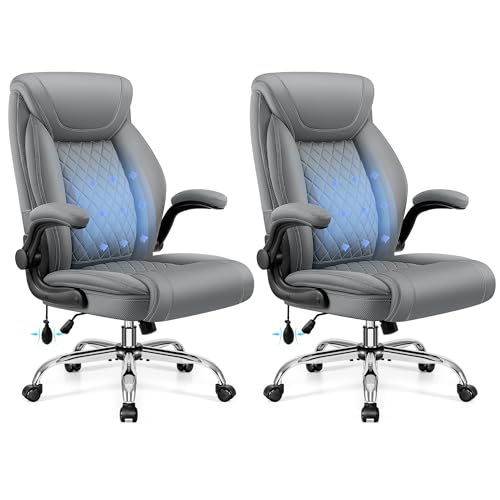 Image of BestGlory Executive Office Chair with Lumbar Support, Big and Tall Ergonomic Computer Desk Chair, Leather Comfy High Back Gaming Chair with Flip Up Arms & Rocking Function for Home Office, Gray