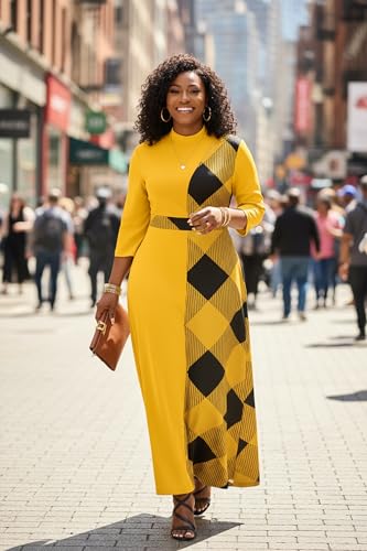 Image of FANDEE Womens Elegant Maxi Dresses Mock Neck Colorblock Casual Long Dress | 3 /4 Sleeve, empire waist, pockets & back hidden zipper, designed for semi formal church cocktail daily wear