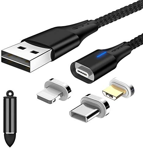 Magnetic 3A Fast Charging & Data Cable Double-Sided USB Connector 3in1 QC3.0 Cable 6.6ft LED Light Compatible with Micro USB, USB-C Phones and i-Products, Bullet Tips Case Included