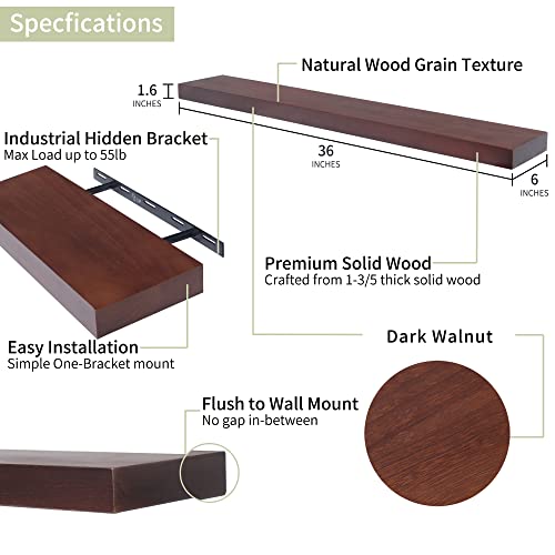 Floating Shelves, 2 Pack 36" Long Thick Handmade Rustic Floating Wall Shelves, Natural Wood Large Heavy Duty Floating Shelves For Bathroom Bedroom Kitchen Living Room, Dark Walnut #TOP2
