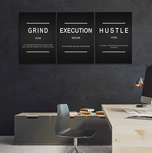 Large Success Quote Inspirational Wall Art Motivational Grind Hustle Execution Painting Entrepreneur Office Posters Prints Canvas Artwork 3 Panels Wall Decor For Office Framed Ready To Hang- 24"X36"X3 #TOP2