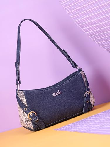Image of ZOUK Lyra Small Shoulder Bag for Women - Denim & Printed Shoulder Bag with Water-Resistant Lining | Handcrafted Sling Bag with Multiple Pockets & Zip Closure for Daily & Weekend Use |