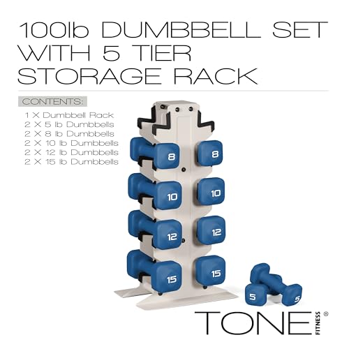 Image of Tone Fitness Neoprene Dumbbell Set with Storage Rack - Non-Slip, Anti-Roll Hand Weights for Home Gym Workouts | 20 lb, 32 lb, 50 lb, 60 lb & 100 lb Options