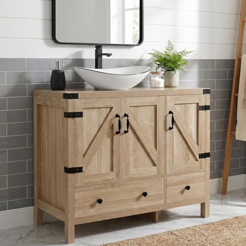 SOLIDEE 36" Natural Color Bathroom Vanity, Rustic Fixture Standing Pedestal Cabinet with White Ceramic Boat Sink with Black Trim
