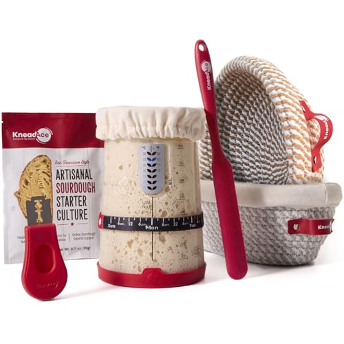 Image of KneadAce Sourdough Starter Kit With Culture, Starter Culture, 34oz Sourdough Jar, 2 x Cotton Rope Banneton Bread Proofing Basket, Bread Lame, Perfect Gifts for bakers Sourdough Bread Baking supplies