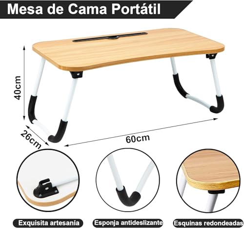 Bandeja Mesa Plegable para Cama con Ranura para Tablet, Escritorio Portátil para Ordenador, Lectura y Desayuno, Mesa Auxiliar con Patas Estables Antideslizantes, Superficie Efecto Madera, 60x40x26cm - imagen 2