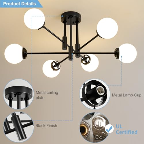 Image of Black Sputnik Ceiling Light Fixture 6 Light with Milk White Glass Shade