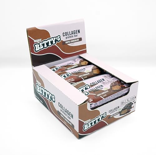 Weider Betty's Collagen Protein Bar (12x50g) Sabor Triple Chocolate, Barritas con 30% de proteína + 6g Colágeno tipo I y III/barrita, Bajo en Azúcar, Sin Colorante Artificial