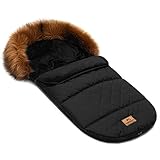 Baby Fußsack Minky WinterFußsack für Kinderwagen Maße 85 cm für Buggy Mit Rote Fell Kaputze Farbe Gesteppt Schwarz [071]