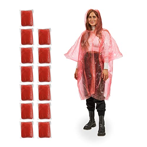 Relaxdays Regenponcho Einweg, 13er Set, Einmal Regencape mit Kapuze, Erwachsene, Notfallponcho Damen, Herren, rot